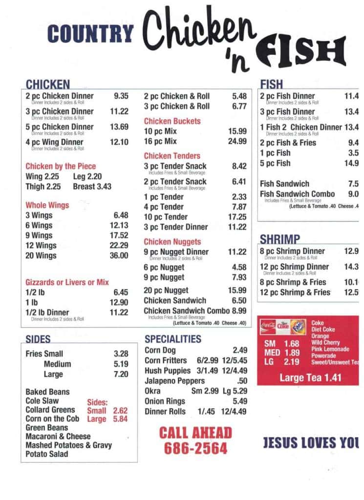 Country Chicken & Fish menu